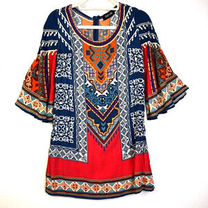 fab'rik Tunic / Mini Dress Women's Small Bell Sleeves Boho Blue Orange Vacation